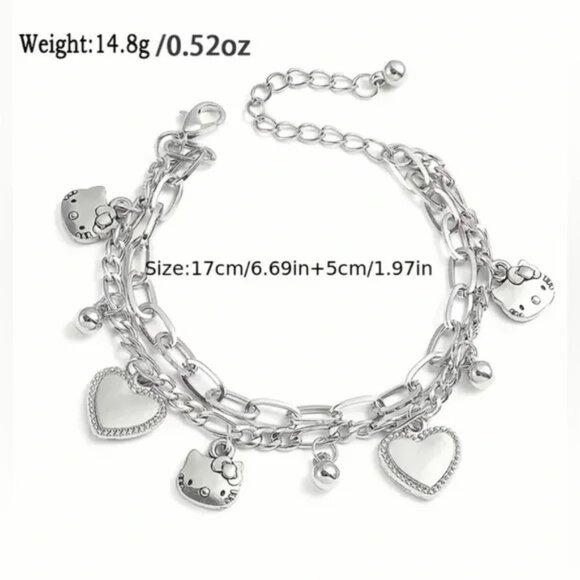 Hello Kitty Charm Bracelet Rhinestone Hearts Double Chain Emo Beads Trendy Rave - Picture 2 of 3
